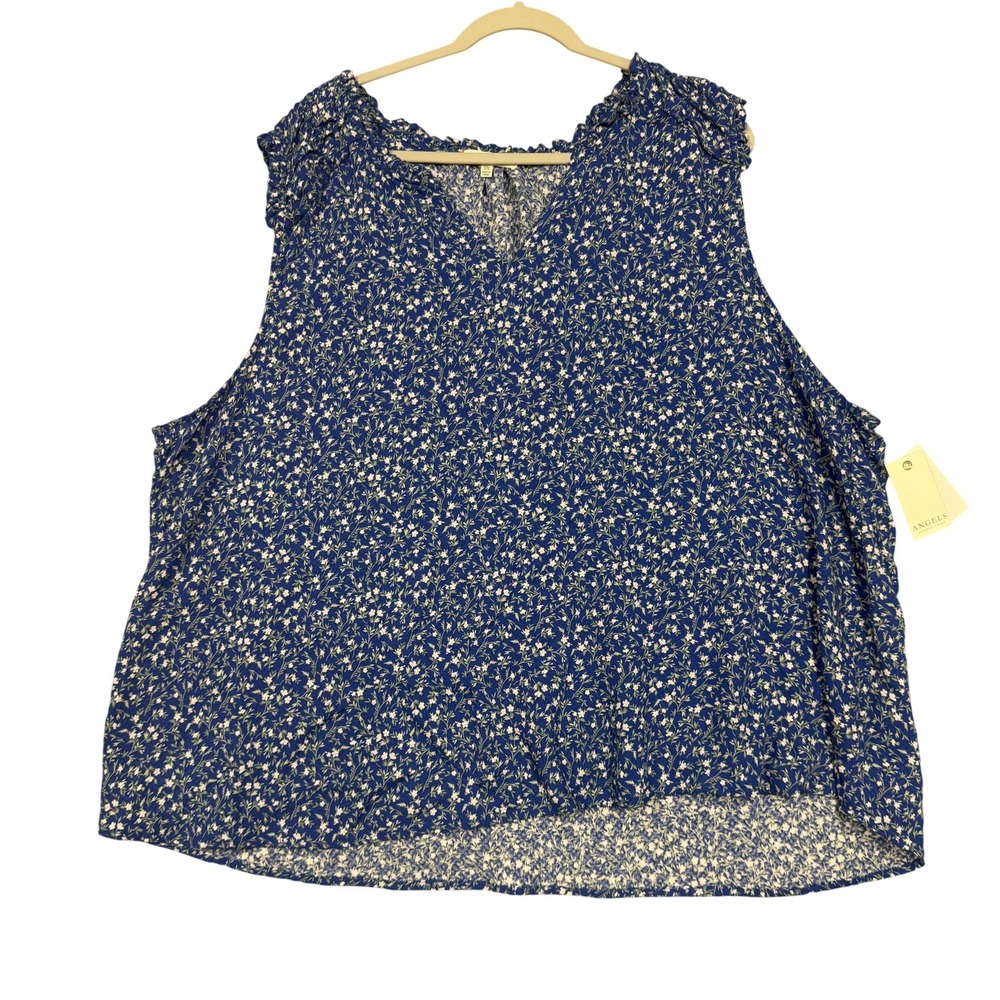 Angels Blouse Womens 3X Plus Blue Floral Sleeveless V Neck Ruffle Rayon Top